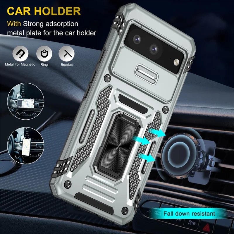 Armor Series For Google Pixel 8a Case PC+TPU Kickstand Phone Cover with Slide Lens Lid - Grey