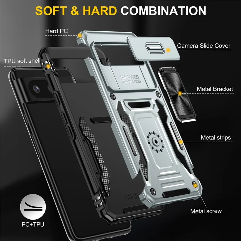 Armor Series For Google Pixel 8a Case PC+TPU Kickstand Phone Cover with Slide Lens Lid - Grey