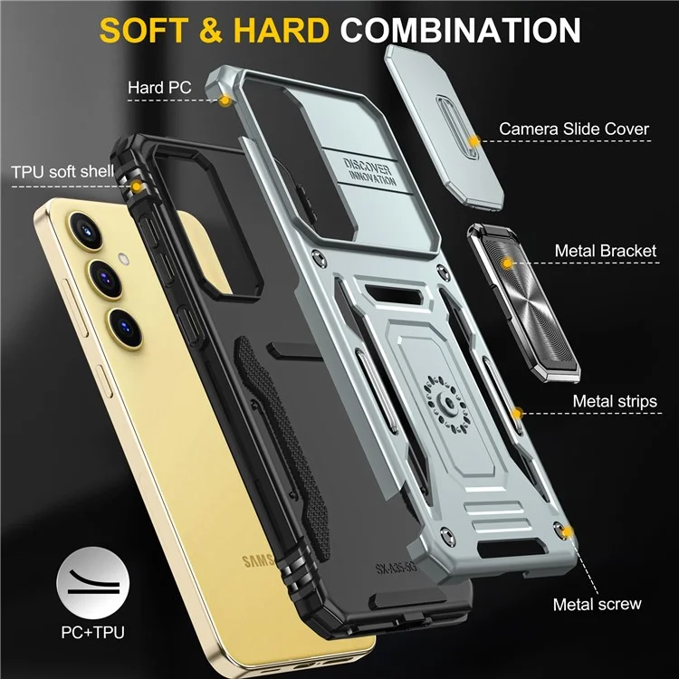Armor Series For Samsung Galaxy A35 5G / A55 5G Kickstand Case Slide Lens Protection PC+TPU Phone Cover - Grey