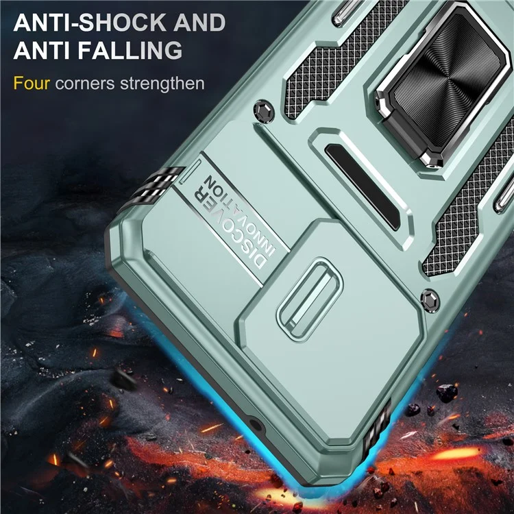 Série Armor Para Motorola Moto G84 5G Case Slide Lens Lid PC+TPU Kickstand Phone Cover - Verde