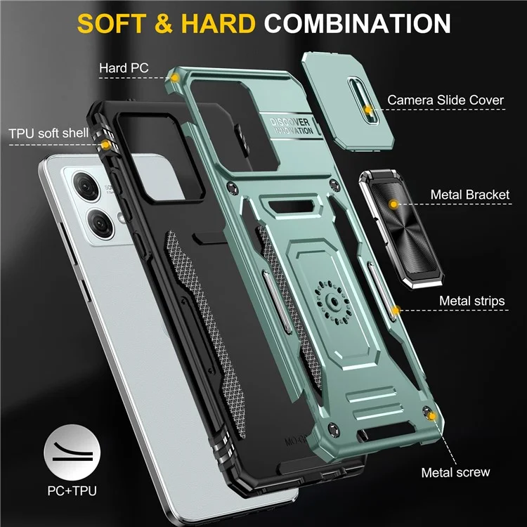 Série Armor Para Motorola Moto G84 5G Case Slide Lens Lid PC+TPU Kickstand Phone Cover - Verde