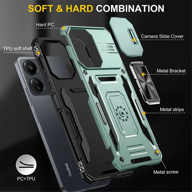 Armor Series For Xiaomi Redmi 13C 4G / 5G / 13R 5G / Poco M6 5G / Poco C65 4G Funda para Teléfono con Tapa Deslizante para la Cámara - Verde