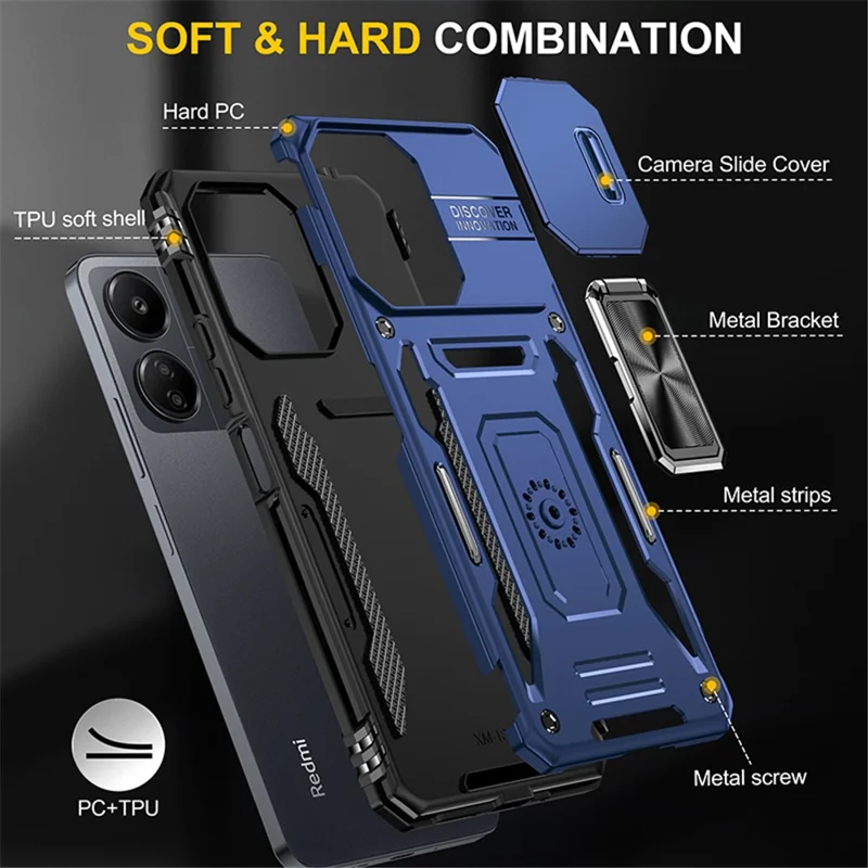 Armor Series For Xiaomi Redmi 13C 4G / 5G / 13R 5G / Poco M6 5G / Poco C65 4G Phone Case with Slide Camera Cover - Navy Blue