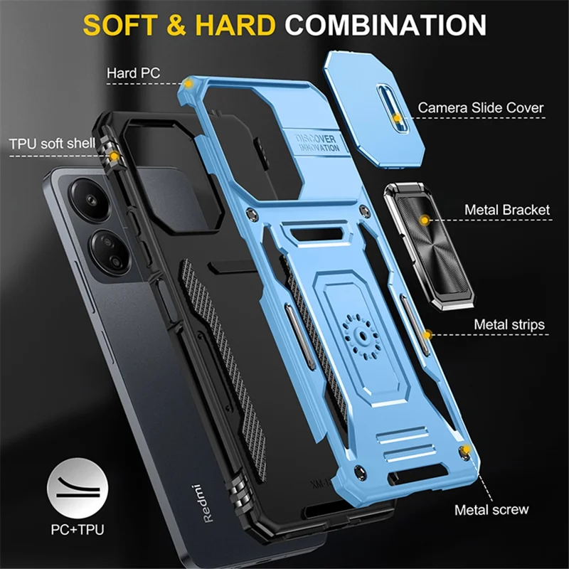 Serie Armor per Xiaomi Redmi 13C 4G / 5G / 13R 5G / Poco M6 5G / Poco C65 4G Custodia per telefono con copertura scorrevole per la fotocamera - Baby Blue