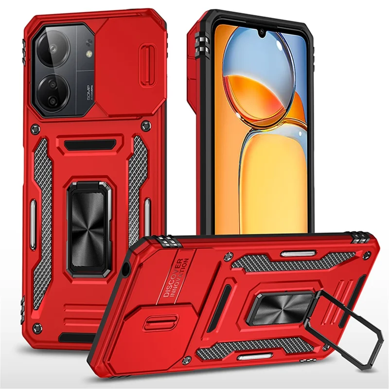 Armor Series For Xiaomi Redmi 13C 4G / 5G / 13R 5G / Poco M6 5G / Poco C65 4G Phone Case with Slide Camera Cover - Red