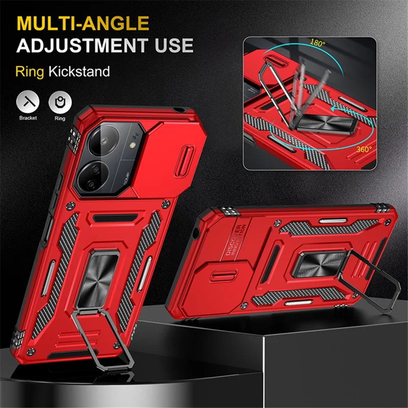 Armor Series For Xiaomi Redmi 13C 4G / 5G / 13R 5G / Poco M6 5G / Poco C65 4G Phone Case with Slide Camera Cover - Red