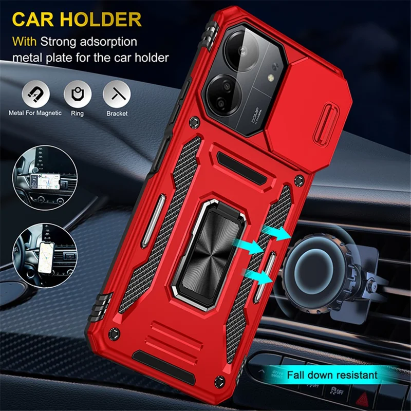 Armor Series For Xiaomi Redmi 13C 4G / 5G / 13R 5G / Poco M6 5G / Poco C65 4G Phone Case with Slide Camera Cover - Red