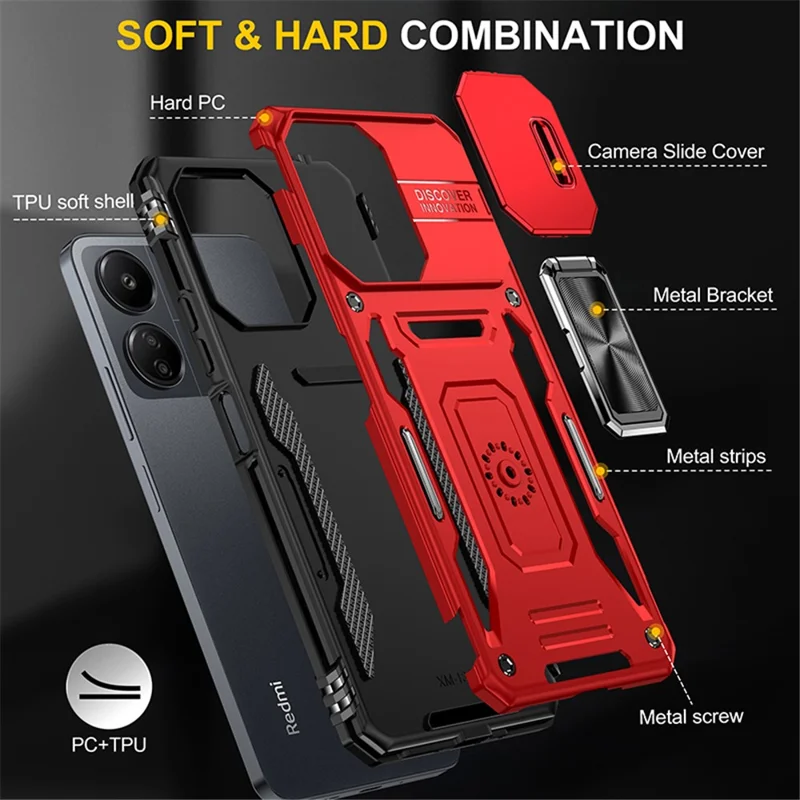 Armor Series For Xiaomi Redmi 13C 4G / 5G / 13R 5G / Poco M6 5G / Poco C65 4G Phone Case with Slide Camera Cover - Red