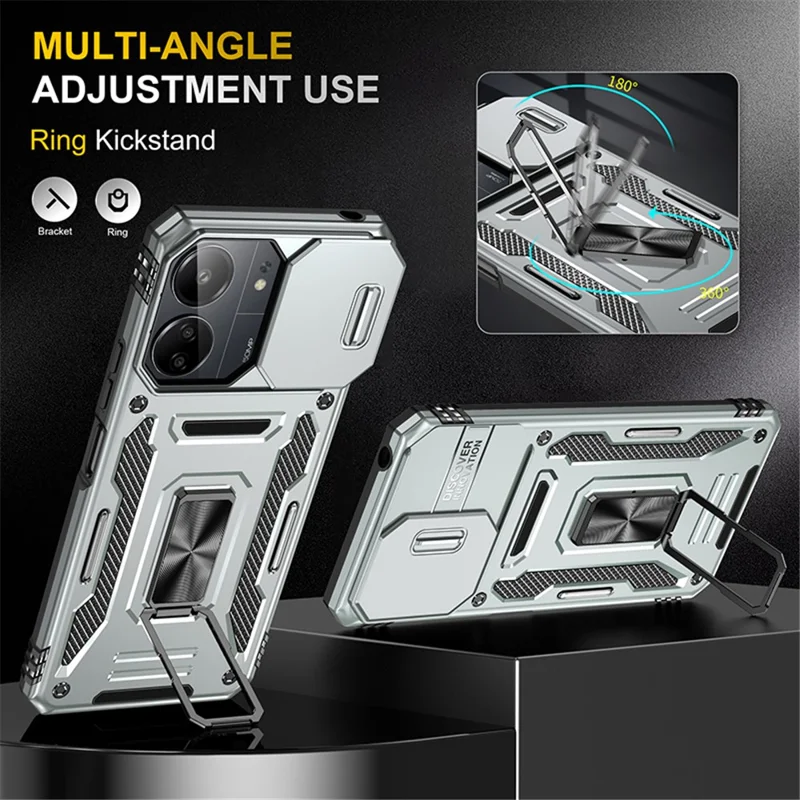 Armor Series For Xiaomi Redmi 13C 4G / 5G / 13R 5G / Poco M6 5G / Poco C65 4G Phone Case with Slide Camera Cover - Grey