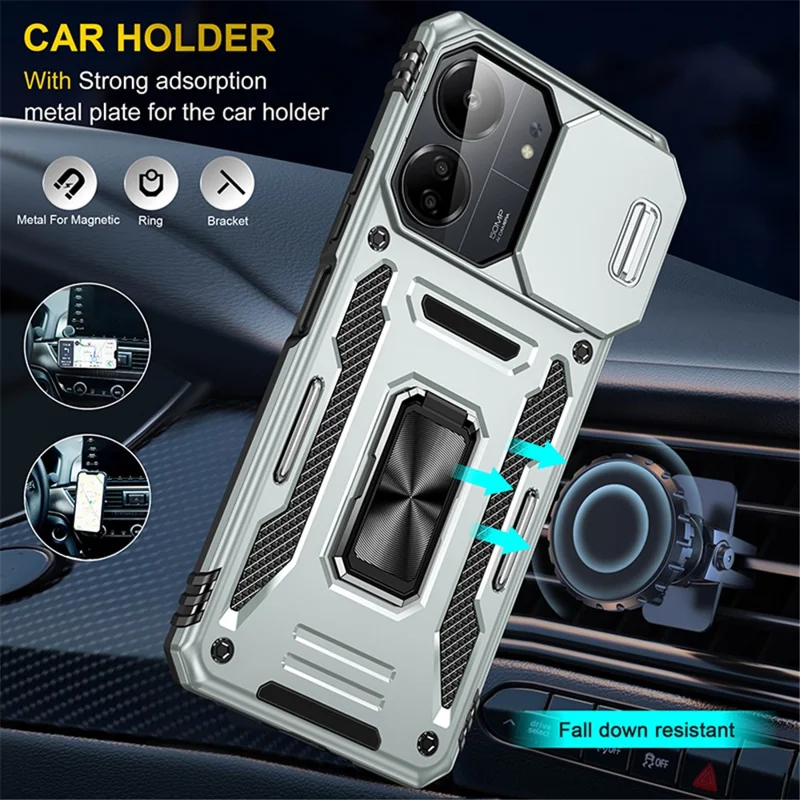 Armor Series For Xiaomi Redmi 13C 4G / 5G / 13R 5G / Poco M6 5G / Poco C65 4G Phone Case with Slide Camera Cover - Grey