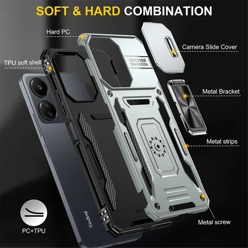 Armor Series For Xiaomi Redmi 13C 4G / 5G / 13R 5G / Poco M6 5G / Poco C65 4G Phone Case with Slide Camera Cover - Grey