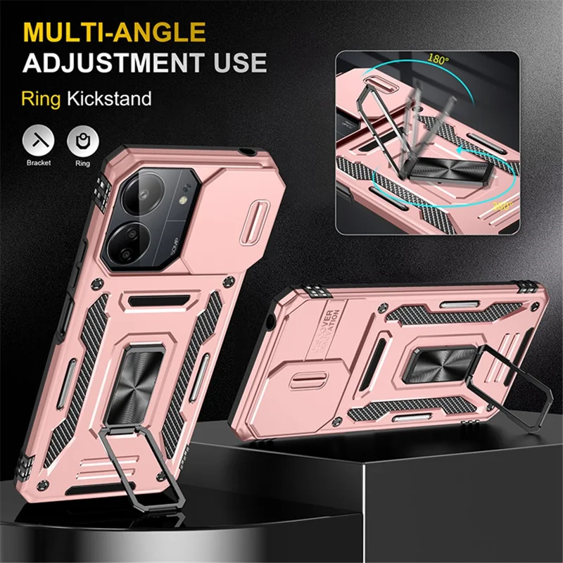 Armor Series Para Xiaomi Redmi 13C 4G / 5G / 13R 5G / Poco M6 5G / Poco C65 4G Funda de Teléfono con Cubierta Deslizante de Cámara - Oro Rosa