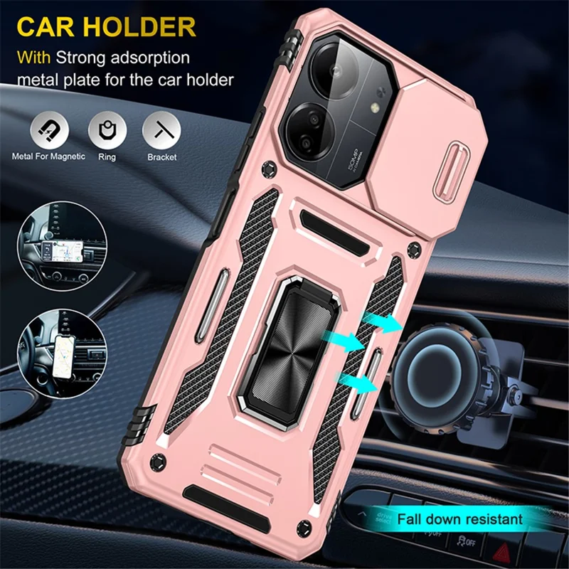 Armor Series Para Xiaomi Redmi 13C 4G / 5G / 13R 5G / Poco M6 5G / Poco C65 4G Funda de Teléfono con Cubierta Deslizante de Cámara - Oro Rosa