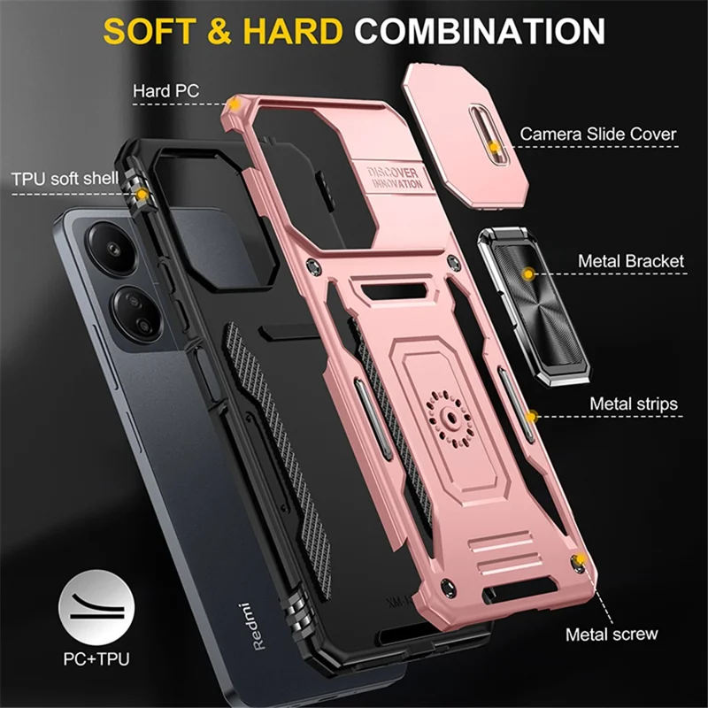 Armor Series Para Xiaomi Redmi 13C 4G / 5G / 13R 5G / Poco M6 5G / Poco C65 4G Funda de Teléfono con Cubierta Deslizante de Cámara - Oro Rosa