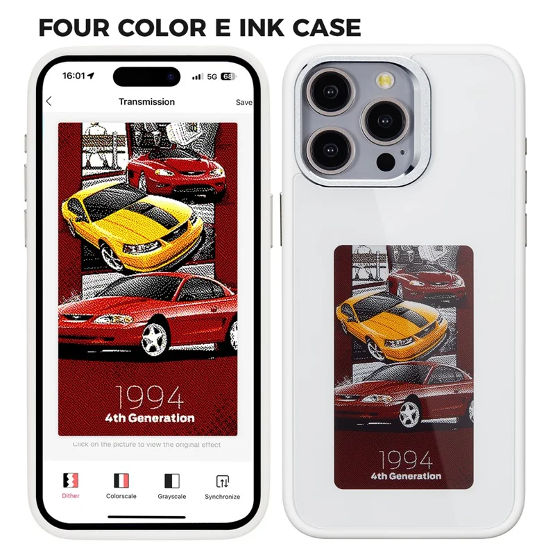 For iPhone 15 Pro Max Phone Case with E Ink Display 4-Color NFC DIY Phone Cover - White