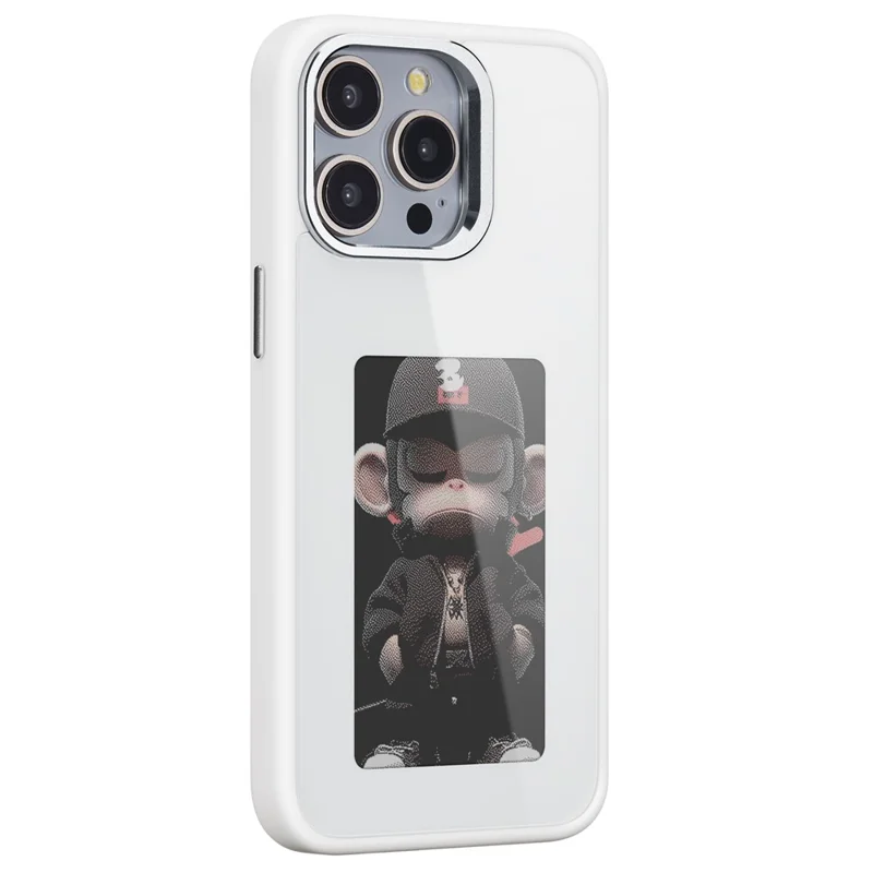 For iPhone 15 Pro Max Phone Case with E Ink Display 4-Color NFC DIY Phone Cover - White
