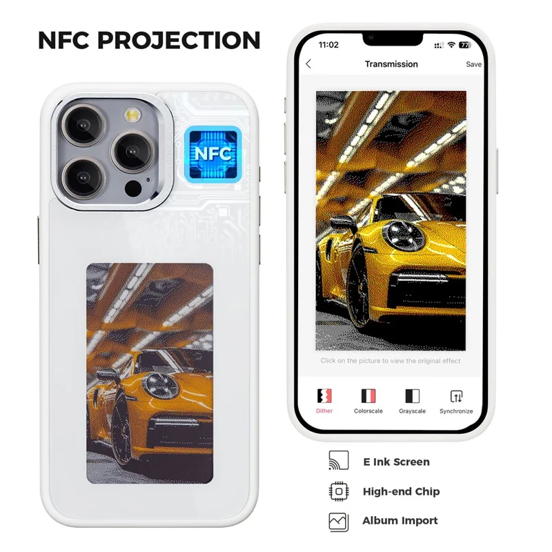 E Ink Case for iPhone 13 Pro Max 4-Color NFC Projection DIY Screen Display Phone Cover - White