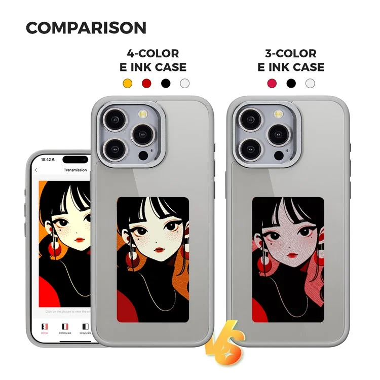 For iPhone 14 Pro E Ink Phone Case Black / White / Red / Yellow 4-Color Smart NFC Projection DIY Case - Grey