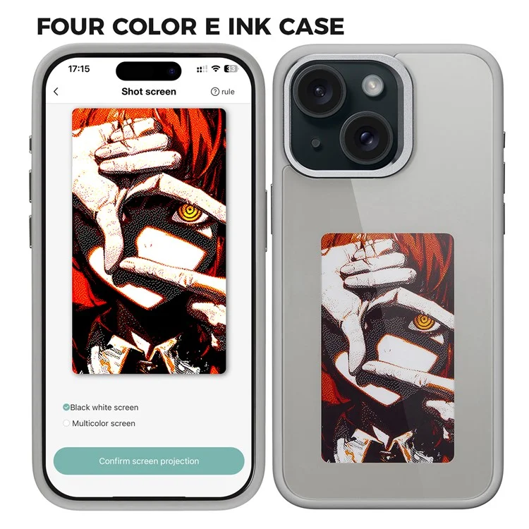Funda de teléfono móvil de 4 colores E Ink para iPhone 15, funda inteligente NFC DIY Display Imaging, negro / blanco / rojo / amarillo - gris