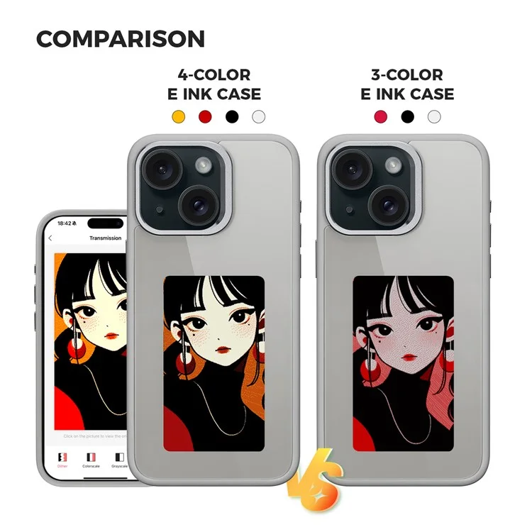 Funda de teléfono móvil de 4 colores E Ink para iPhone 15, funda inteligente NFC DIY Display Imaging, negro / blanco / rojo / amarillo - gris
