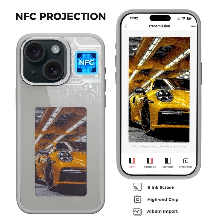 Funda de teléfono móvil de 4 colores E Ink para iPhone 15, funda inteligente NFC DIY Display Imaging, negro / blanco / rojo / amarillo - gris