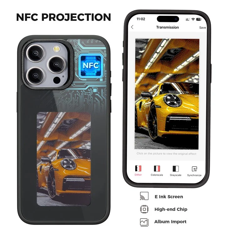 Per iPhone 15 Pro E Ink Phone Case 4-Color Screen Play DIY Phone Cover - Black