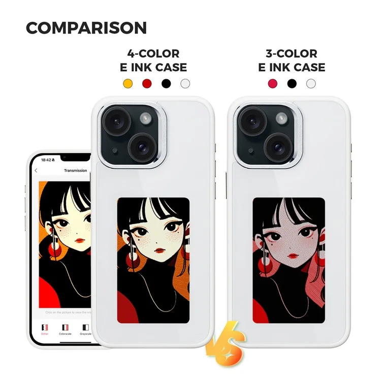 E Ink Phone Case for iPhone 13  / 14 Smart NFC Phone Case Photo, Black / White / Red / Yellow 4-Color - White