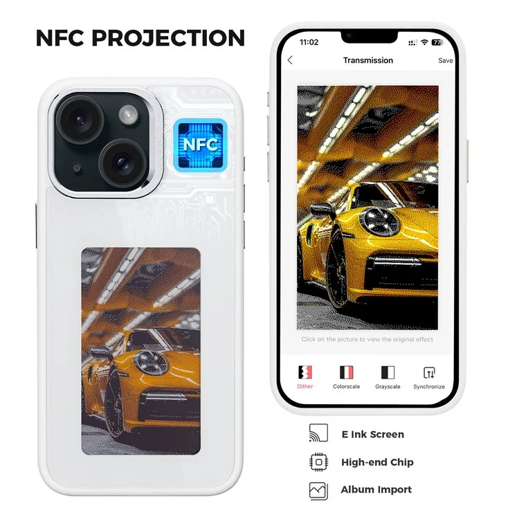 E Ink Phone Case for iPhone 13  / 14 Smart NFC Phone Case Photo, Black / White / Red / Yellow 4-Color - White