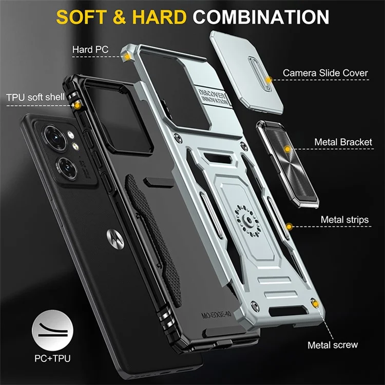 Serie Armor para Motorola Edge 40 5G Funda con Soporte Tipo Caballete Funda de PC+TPU con Protector de Lente Deslizante - Gris