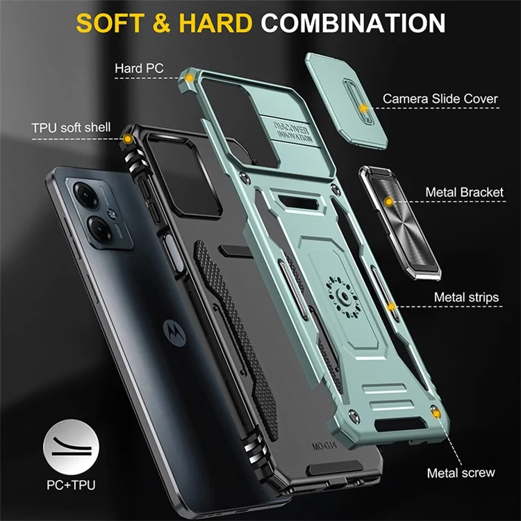 Armor Series For Motorola Moto G14 4G Case Camera Protection PC+TPU Kickstand Shockproof Phone Cover - Green