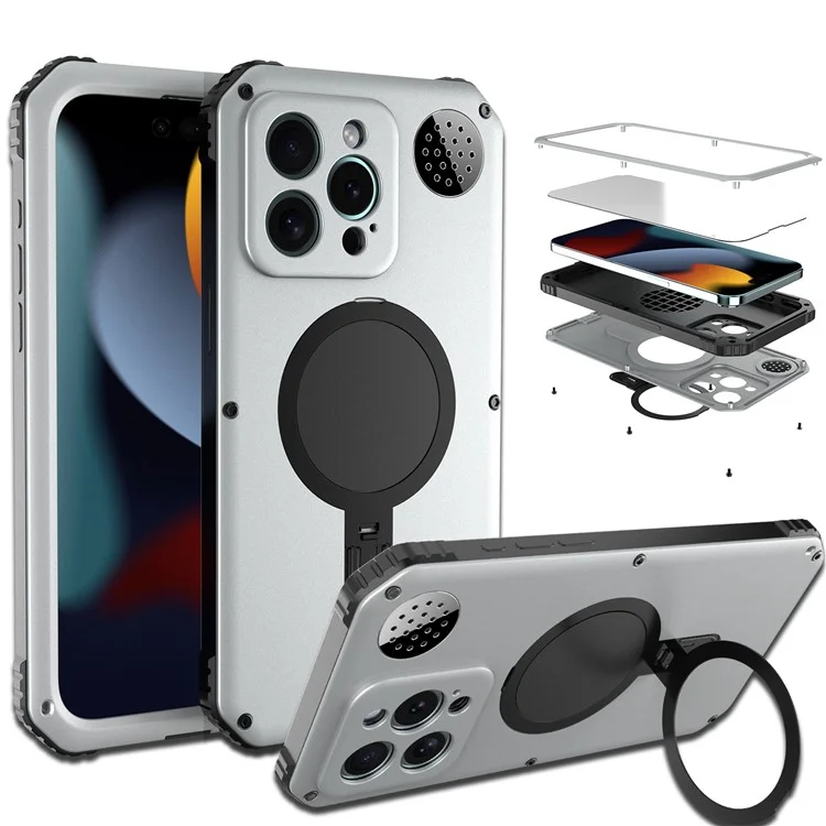 Für iPhone 15 Pro Max Magnetische Hülle mit Ständer Metall+TPU Handyhülle mit Panzerglas Schutzfolie - Silber