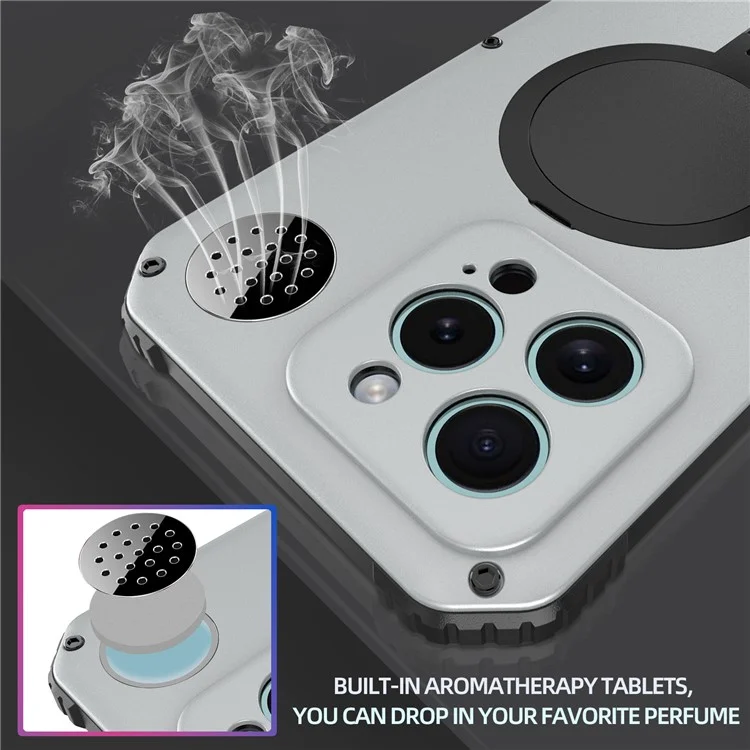 Für iPhone 15 Pro Max Magnetische Hülle mit Ständer Metall+TPU Handyhülle mit Panzerglas Schutzfolie - Silber