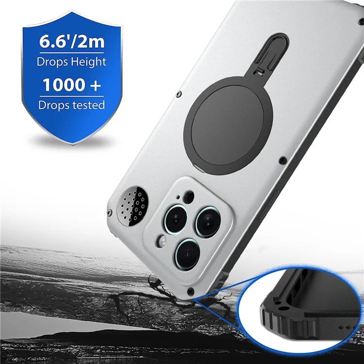 Für iPhone 15 Pro Max Magnetische Hülle mit Ständer Metall+TPU Handyhülle mit Panzerglas Schutzfolie - Silber