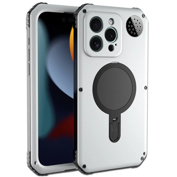 Für iPhone 15 Pro Max Magnetische Hülle mit Ständer Metall+TPU Handyhülle mit Panzerglas Schutzfolie - Silber