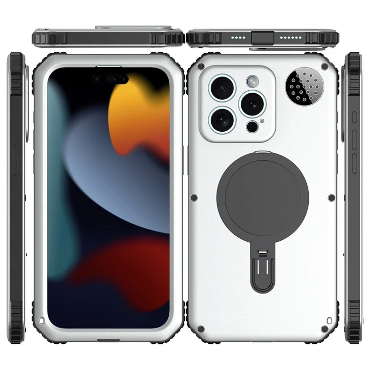 Für iPhone 15 Pro Max Magnetische Hülle mit Ständer Metall+TPU Handyhülle mit Panzerglas Schutzfolie - Silber