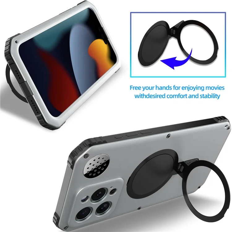 Für iPhone 15 Pro Max Magnetische Hülle mit Ständer Metall+TPU Handyhülle mit Panzerglas Schutzfolie - Silber