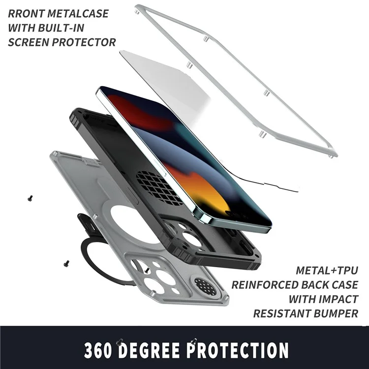 Für iPhone 15 Pro Max Magnetische Hülle mit Ständer Metall+TPU Handyhülle mit Panzerglas Schutzfolie - Silber