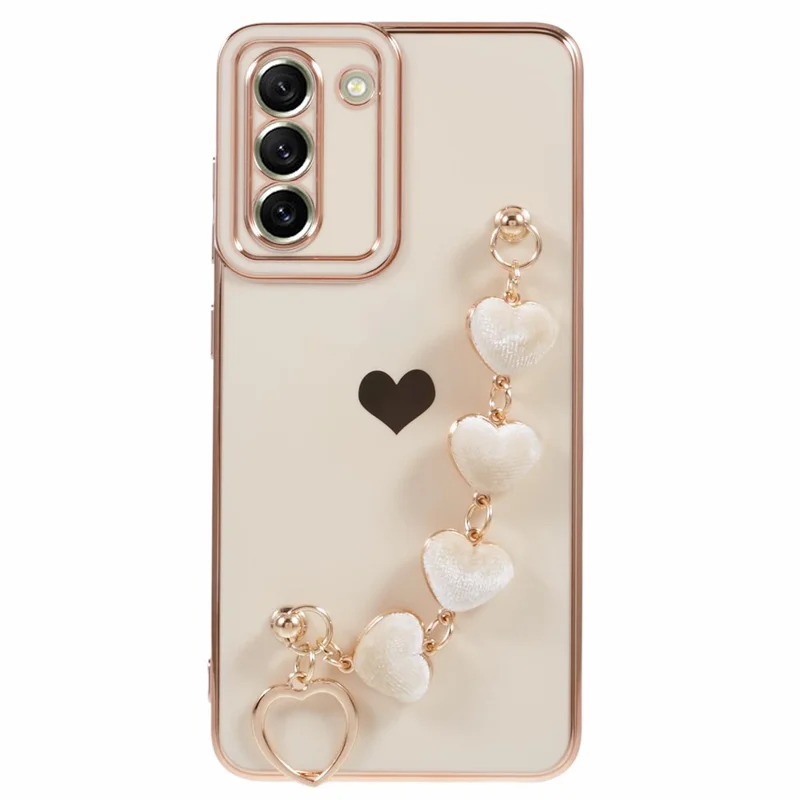 For Samsung Galaxy S21 FE 5G TPU Case Heart Pattern Electroplating Phone Cover with Strap - White