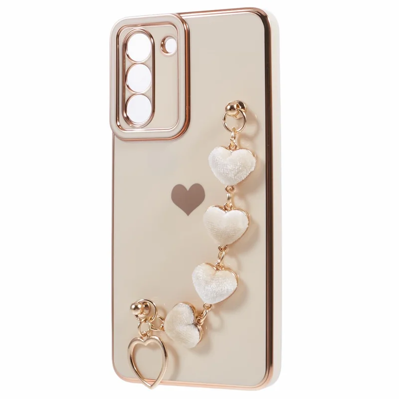 For Samsung Galaxy S21 FE 5G TPU Case Heart Pattern Electroplating Phone Cover with Strap - White