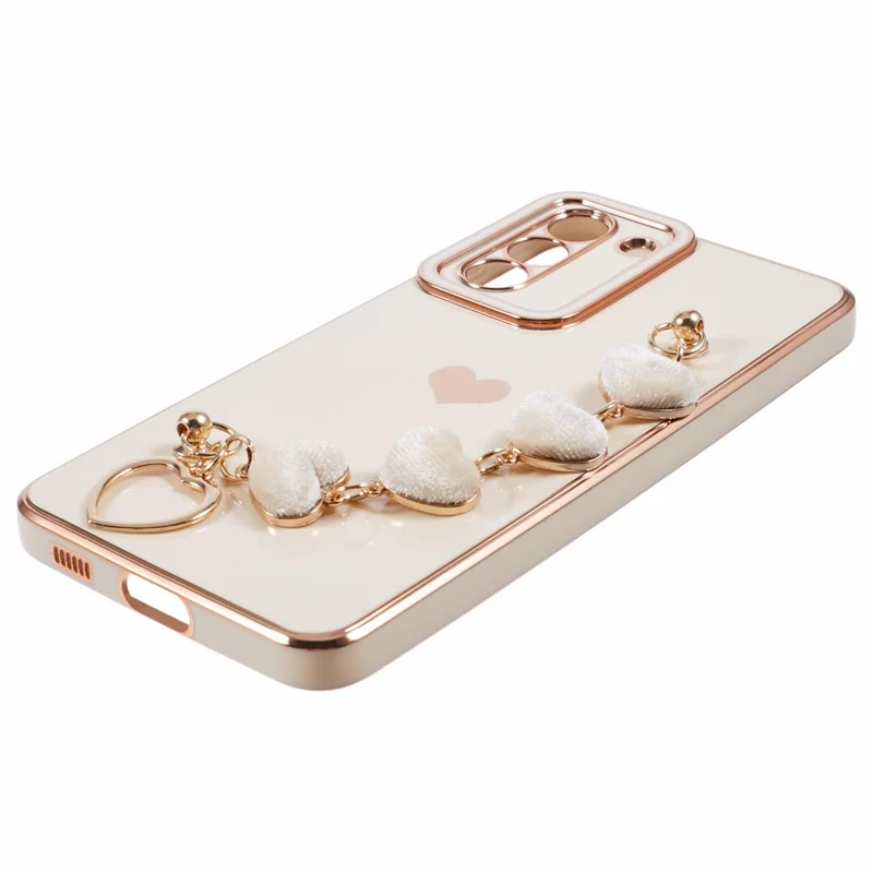 For Samsung Galaxy S21 FE 5G TPU Case Heart Pattern Electroplating Phone Cover with Strap - White