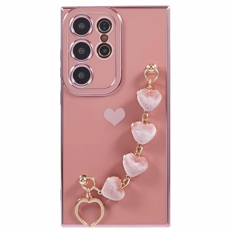 For Samsung Galaxy S24 Ultra Case Electroplating TPU Phone Cover with Heart Chain Strap - Pink