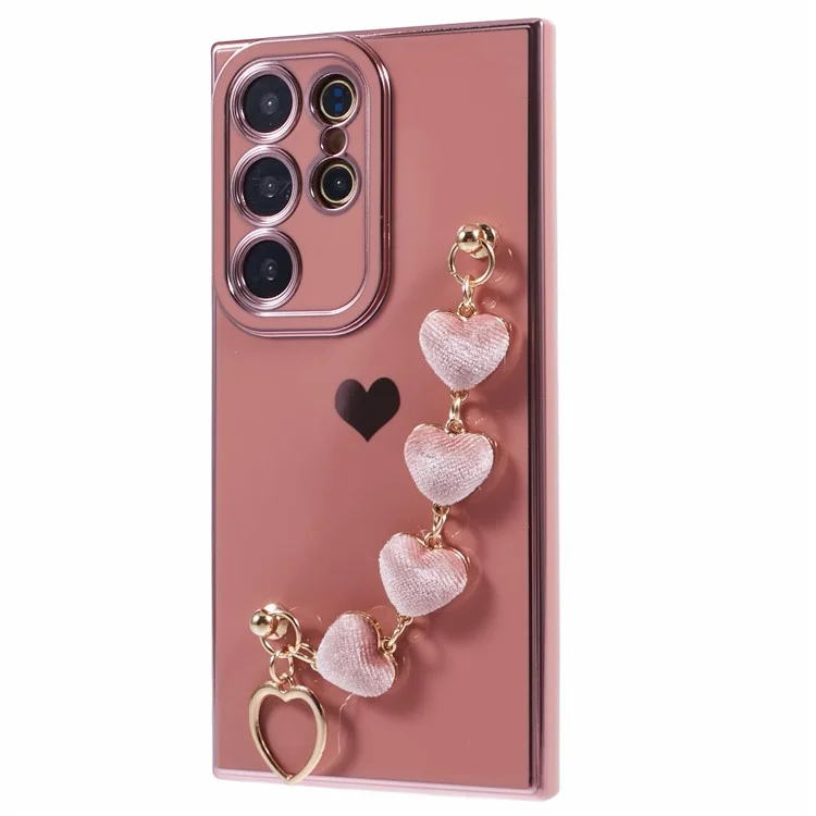 For Samsung Galaxy S24 Ultra Case Electroplating TPU Phone Cover with Heart Chain Strap - Pink
