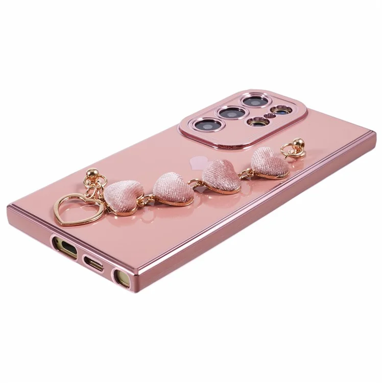 For Samsung Galaxy S24 Ultra Case Electroplating TPU Phone Cover with Heart Chain Strap - Pink