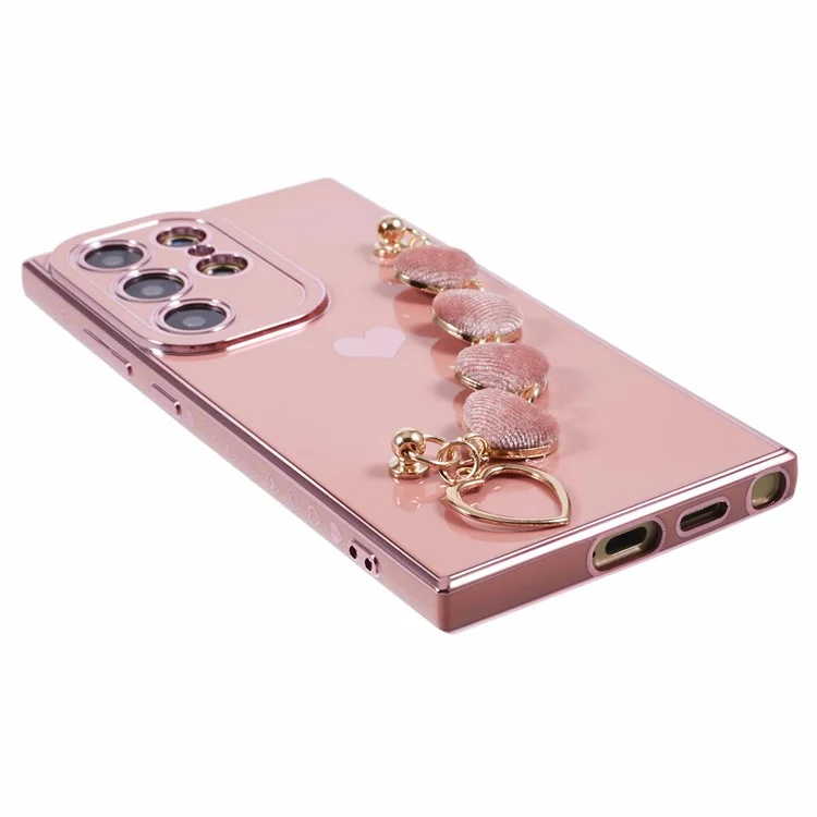 For Samsung Galaxy S24 Ultra Case Electroplating TPU Phone Cover with Heart Chain Strap - Pink