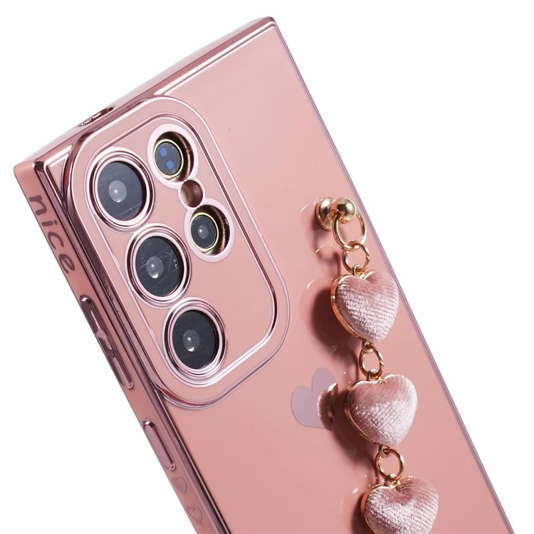 For Samsung Galaxy S24 Ultra Case Electroplating TPU Phone Cover with Heart Chain Strap - Pink