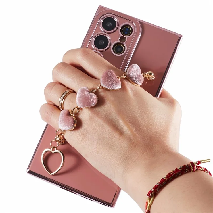 For Samsung Galaxy S24 Ultra Case Electroplating TPU Phone Cover with Heart Chain Strap - Pink