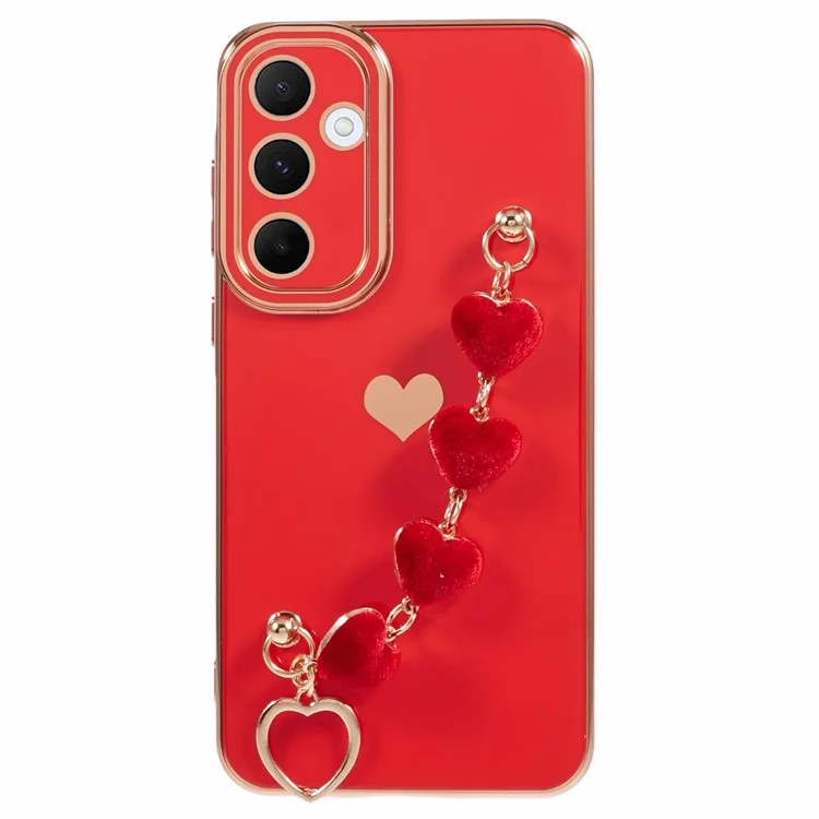 Pour Samsung Galaxy A55 5G Étui Electroplating TPU Housse de Téléphone Motif Coeur d'Amour avec Chaîne de Poignet - Rouge