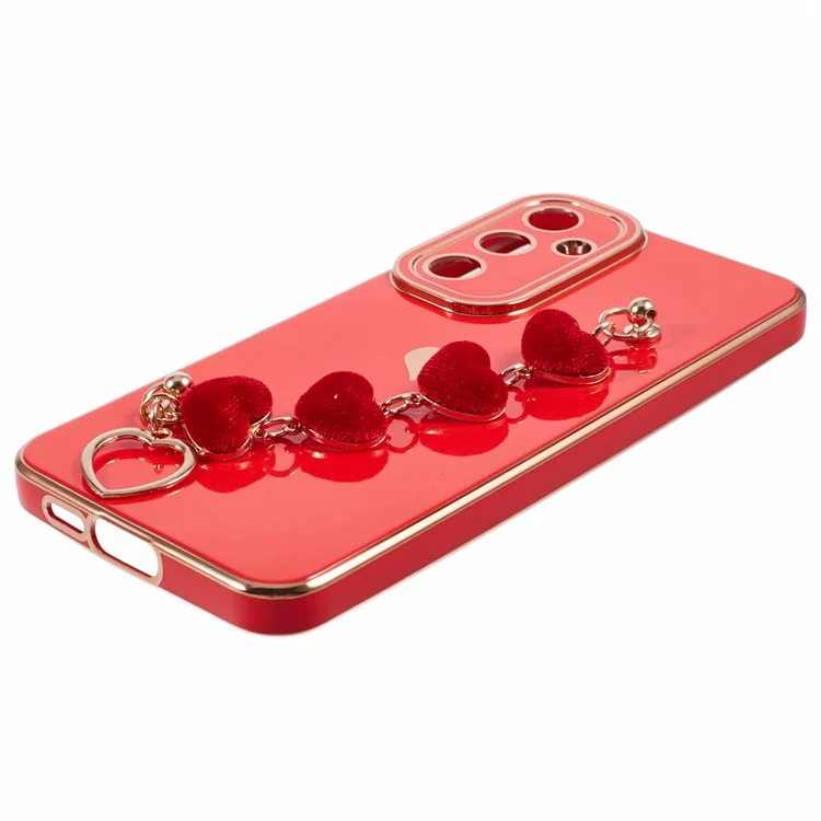 Pour Samsung Galaxy A55 5G Étui Electroplating TPU Housse de Téléphone Motif Coeur d'Amour avec Chaîne de Poignet - Rouge