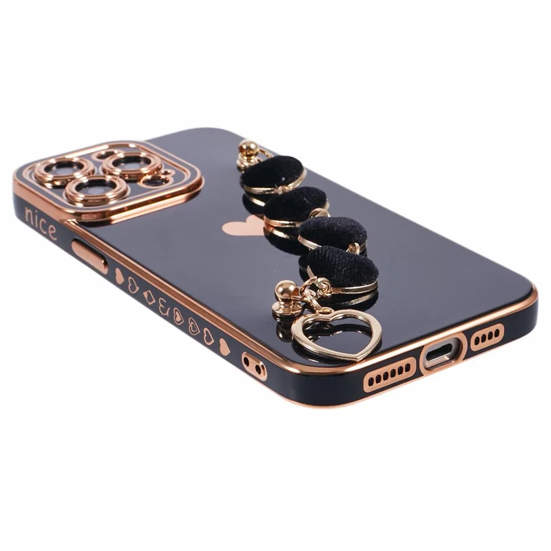 Til iPhone 13 Pro Max hylse med elektropladering, blød TPU-telefonbeskytter med rem - Sort