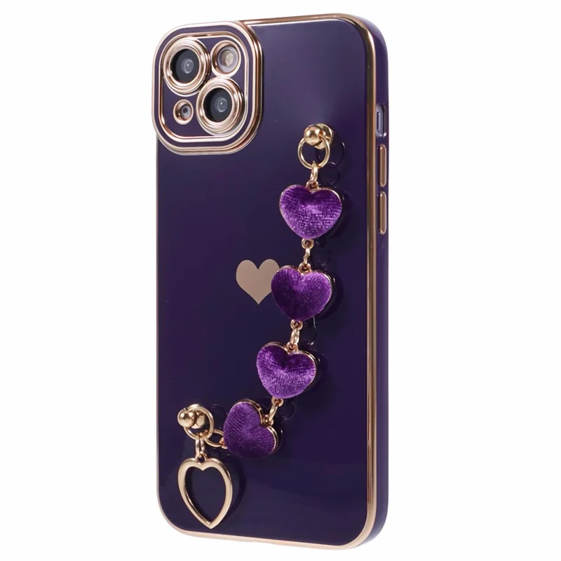 For iPhone 15 Plus Shockproof Case Electroplating TPU Phone Cover with Strap - Dark Purple